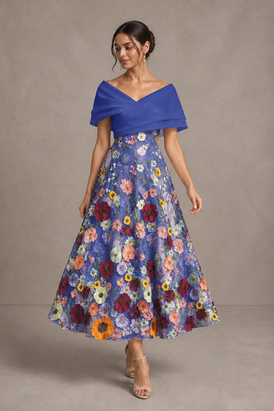 Royal Blue Off-Shoulder Satin & 3D Floral Embroidered Tulle Tea Length A-Line Dress - Royal Blue
