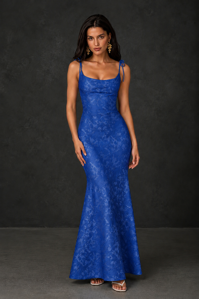 BOLODOO Royal Blue Scoop Neck Tie Strap Lace-Up Back Floral Jacquard Mermaid Maxi Dress - Royal Blue