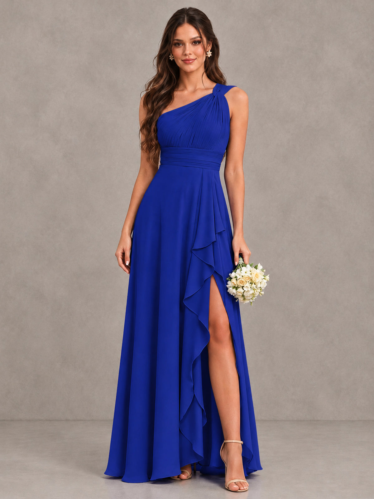 BOLODOO Royal Blue One-Shoulder Ruffle Bridesmaid Dress with Slit - Royal Blue - Royal Blue (1)