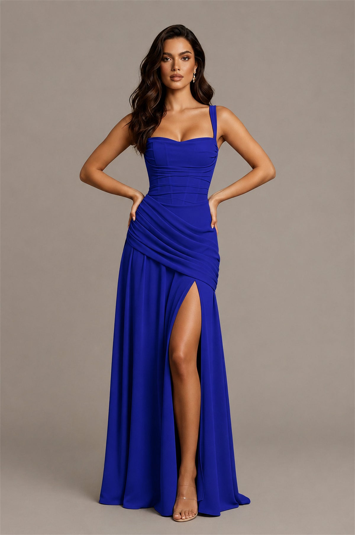 BOLODOO Royal Blue Spaghetti Strap Ruched Maxi Dress – Formal Evening Gown with Slit - Royal Blue