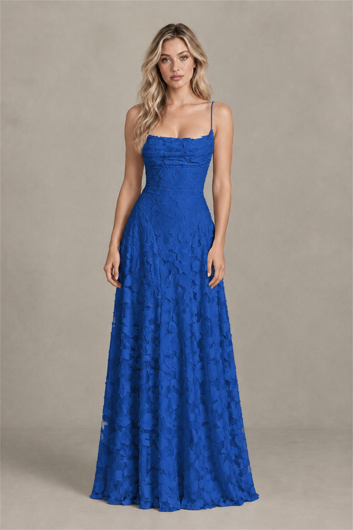 BOLODOO Royal Blue Floral Appliqué Lace-Up Back Maxi Dress - Royal Blue