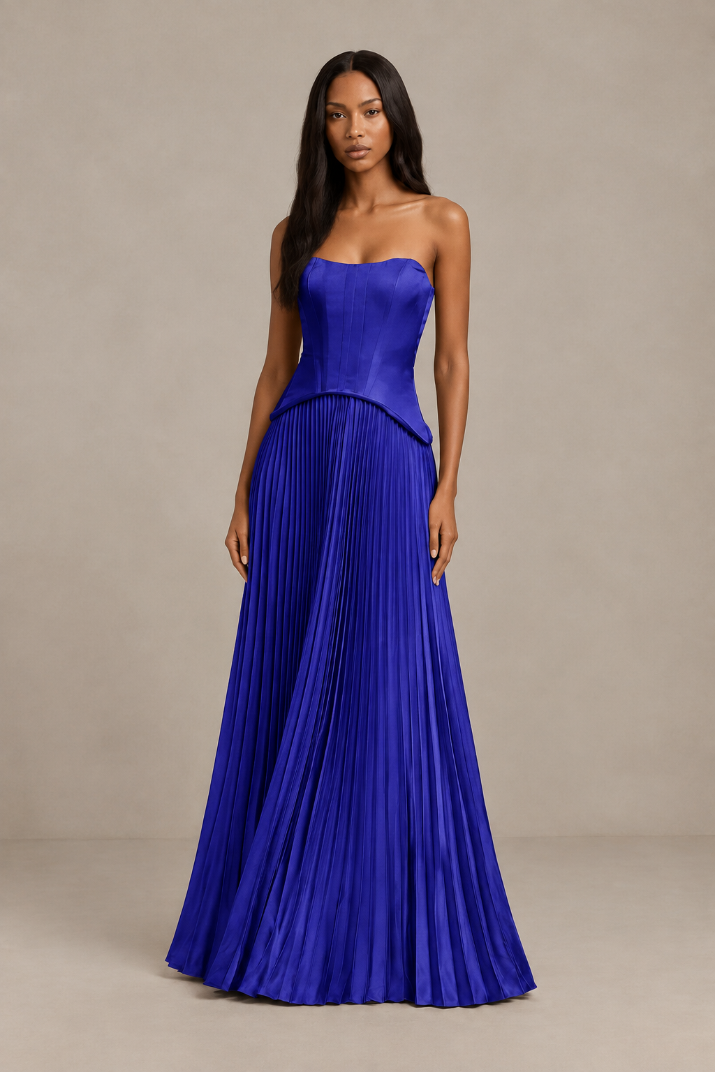 BOLODOO Royal Blue Strapless Pleated Satin Evening Prom Dress - Royal Blue