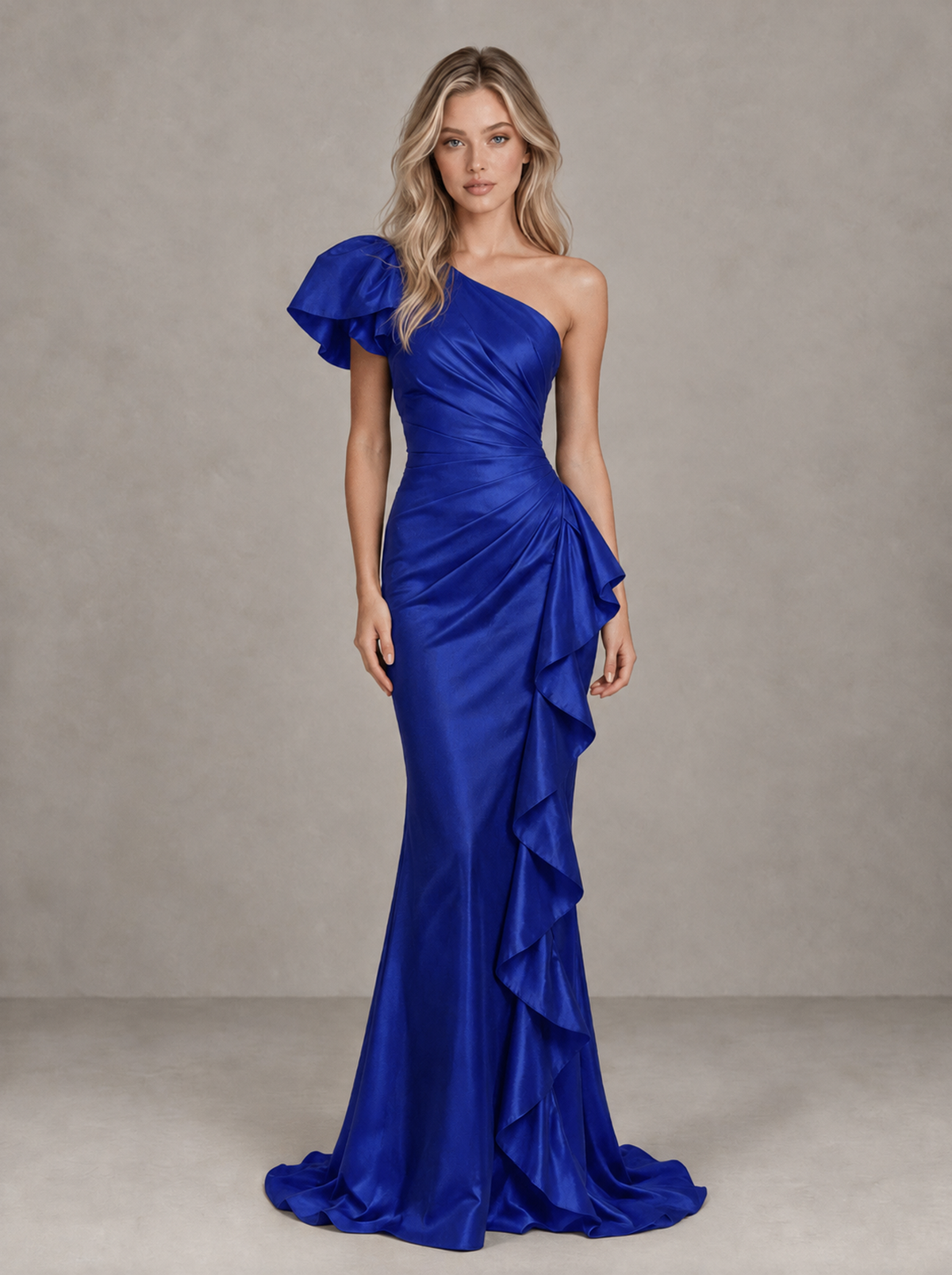 BOLODOO Royal Blue One-Shoulder Satin-Look Mermaid Evening Dress with Ruffles - Royal Blue - Royal Blue (1)