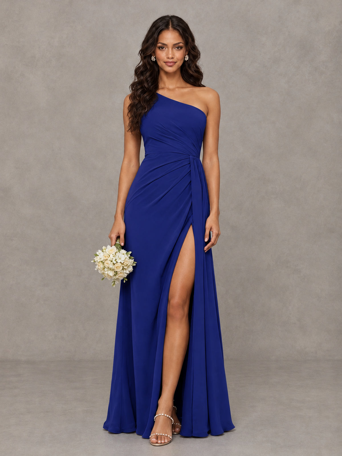 BOLODOO Royal Blue One-Shoulder Chiffon Bridesmaid Dress with Ruched Bodice & High Slit - Royal Blue - Royal Blue (1)