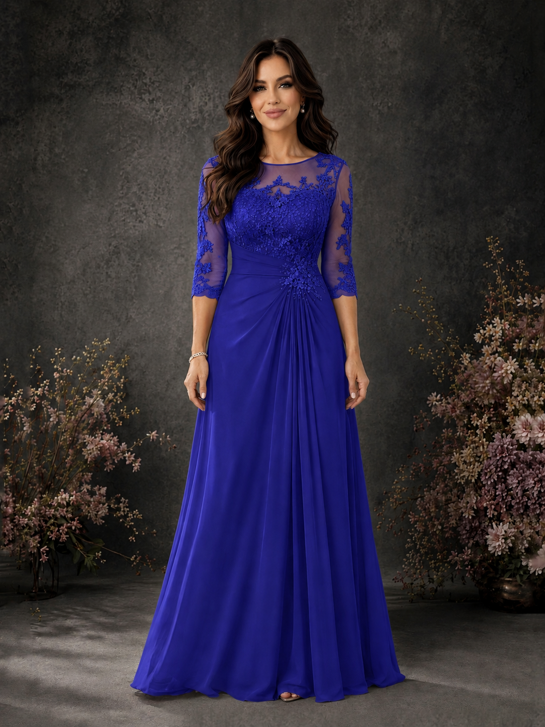 BOLODOO Royal Blue Chiffon Lace Illusion Neckline 3/4 Sleeve Floor Length Formal Gown - Royal Blue