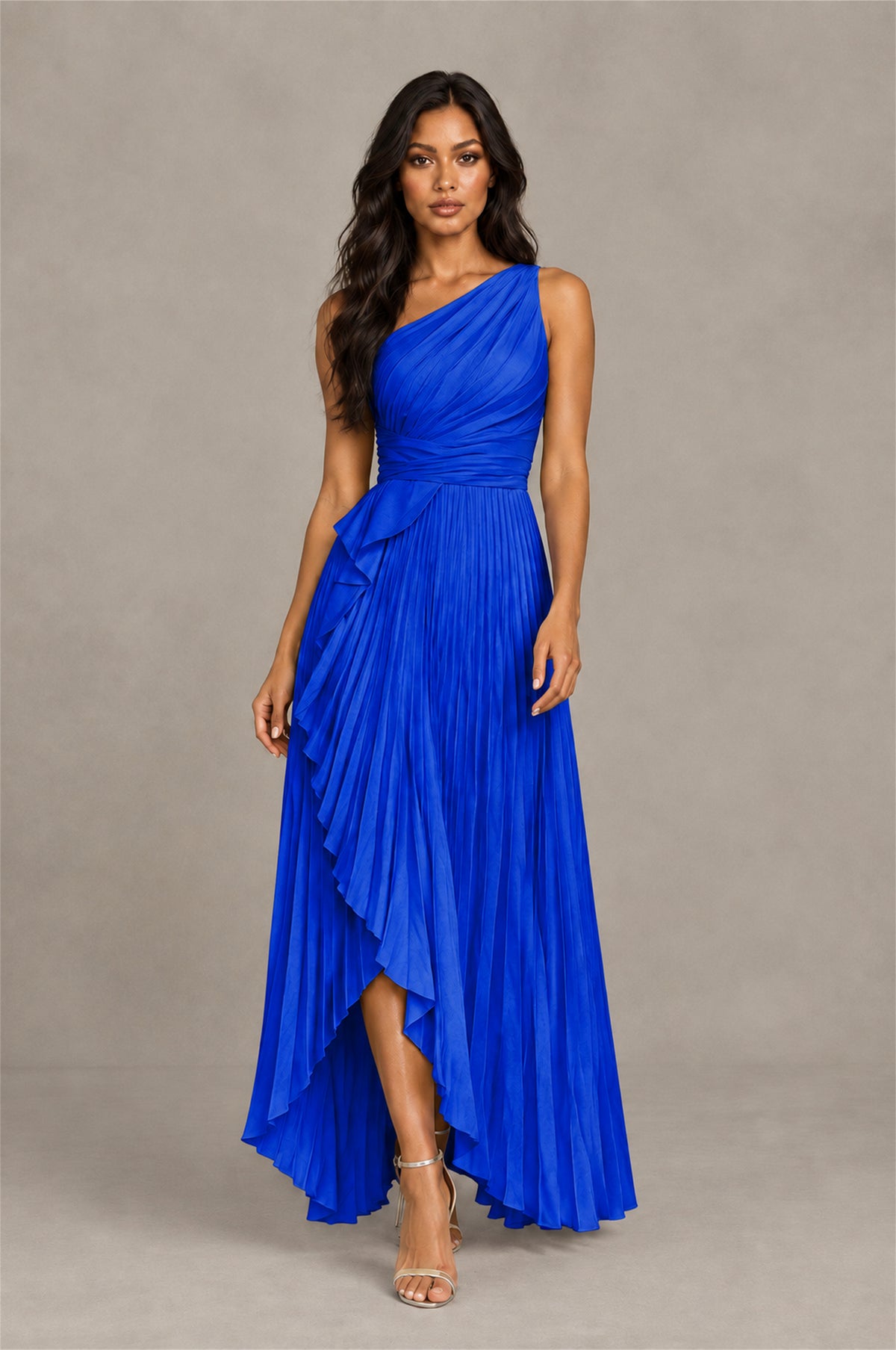 BOLODOO Royal Blue One-Shoulder High-Low Ruffle Maxi Dress - Royal Blue