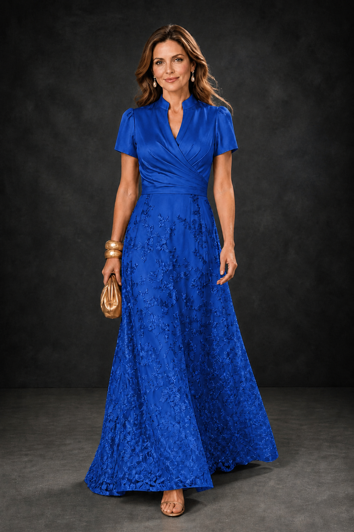 BOLODOO Royal Blue Satin Wrap V-Neck Short Sleeve Lace Glitter A-Line Floor Length Evening Gown – Formal Dress - Royal Blue - Royal Blue (1)