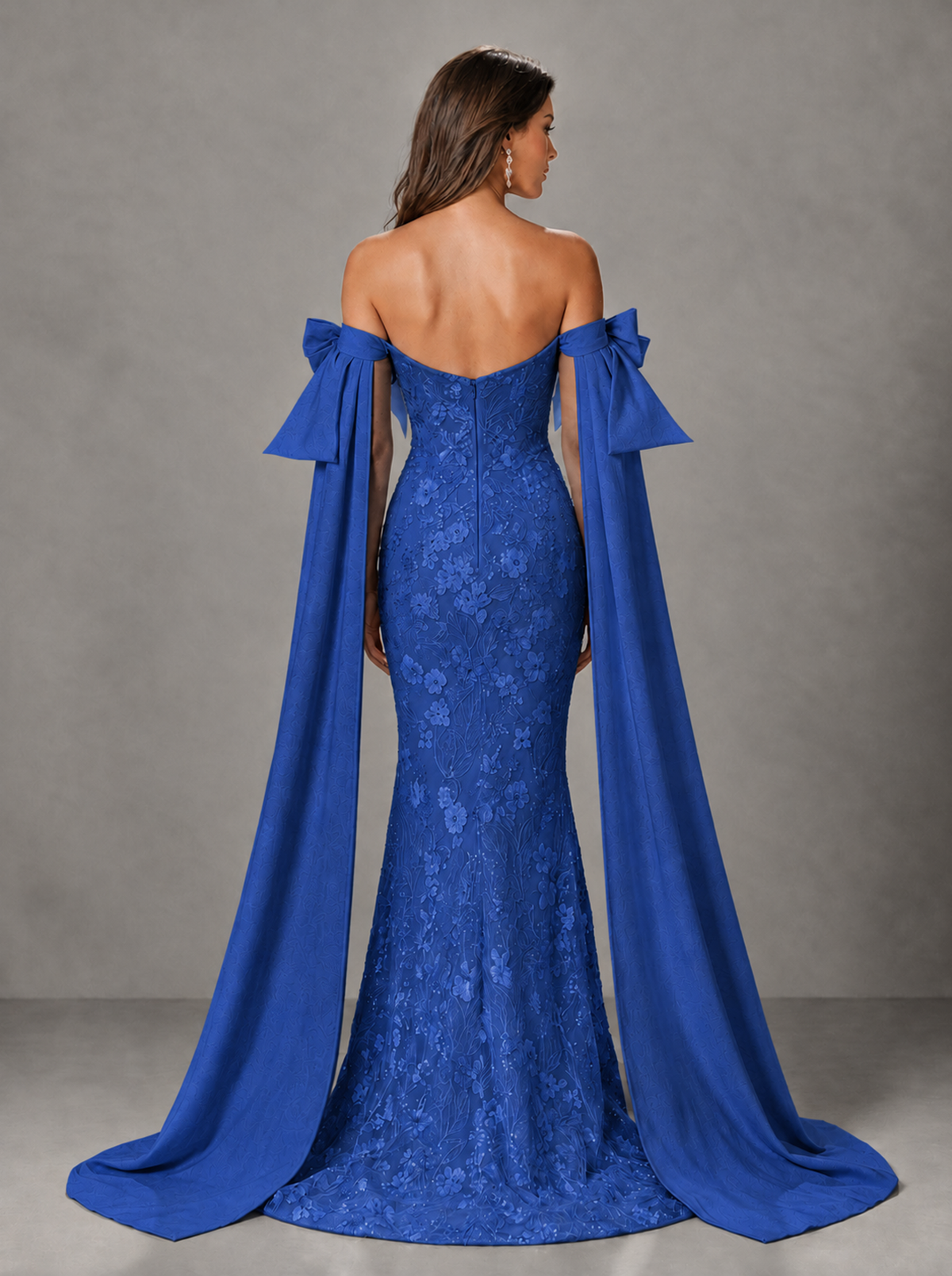 BOLODOO Royal Blue Floral Lace Mermaid Prom Dress with Off-Shoulder Bows - Royal Blue - Royal Blue (2)