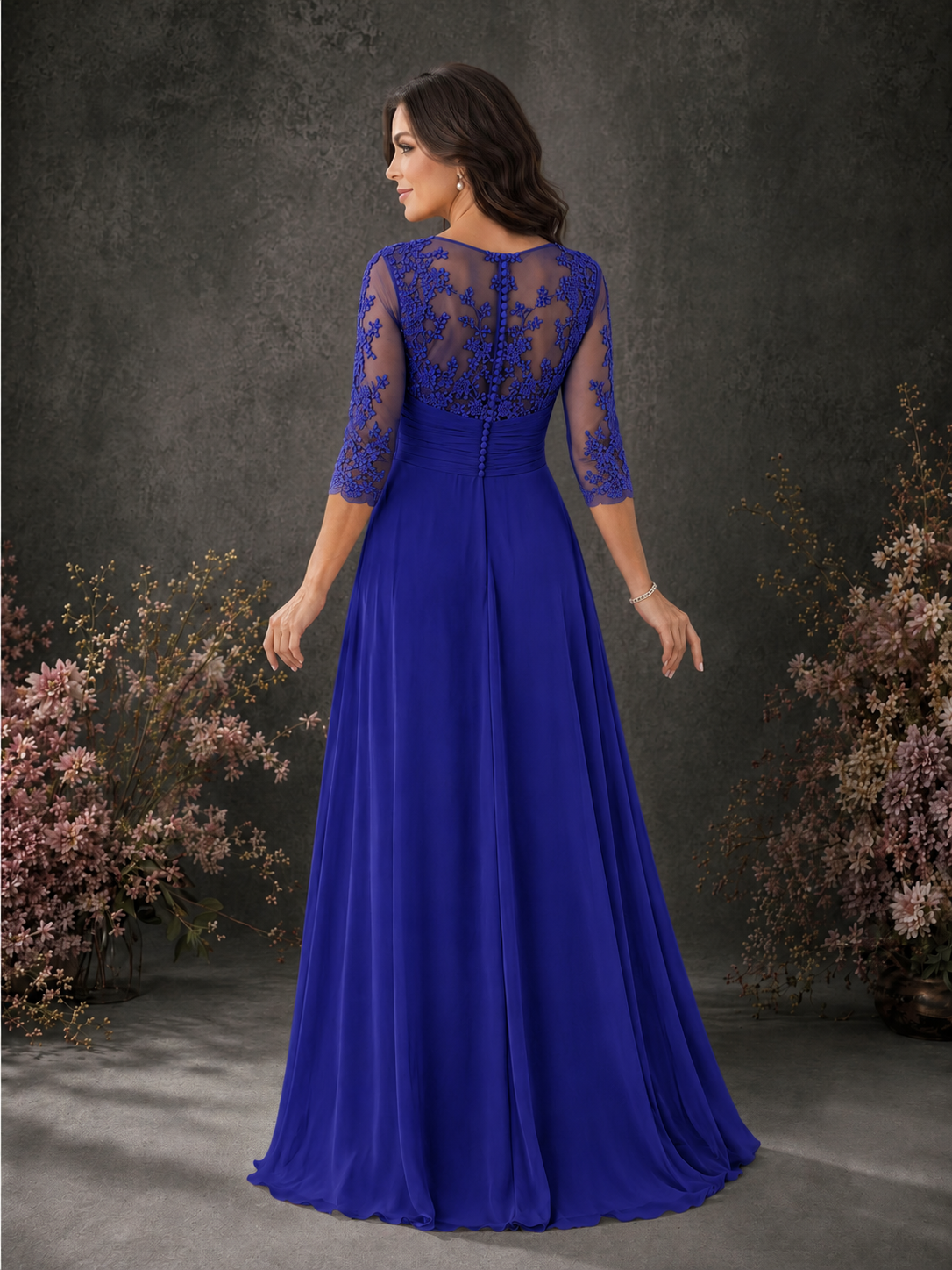 BOLODOO Royal Blue Chiffon Lace Illusion Neckline 3/4 Sleeve Floor Length Formal Gown - Royal Blue