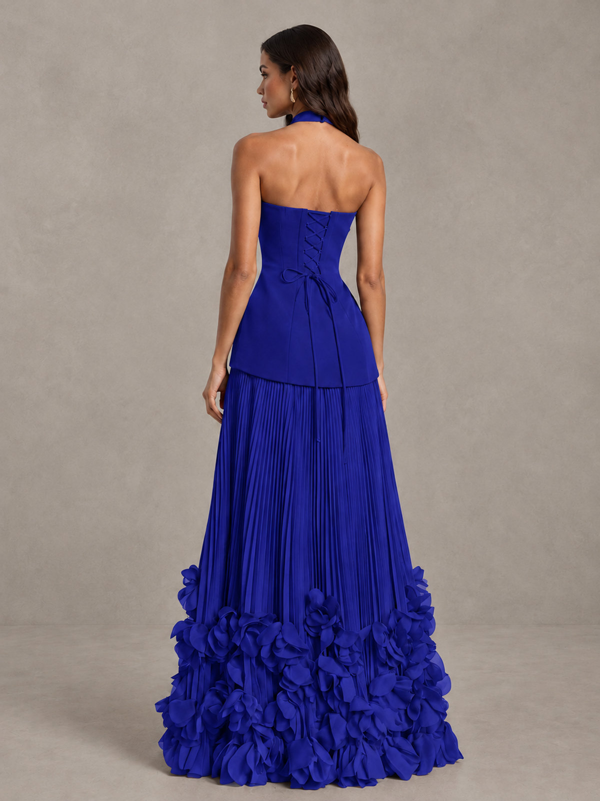 BOLODOO Royal Blue Halter Neck Floor-Length Evening Gown with High Slit & 3D Floral Hem - Royal Blue - Royal Blue (2)