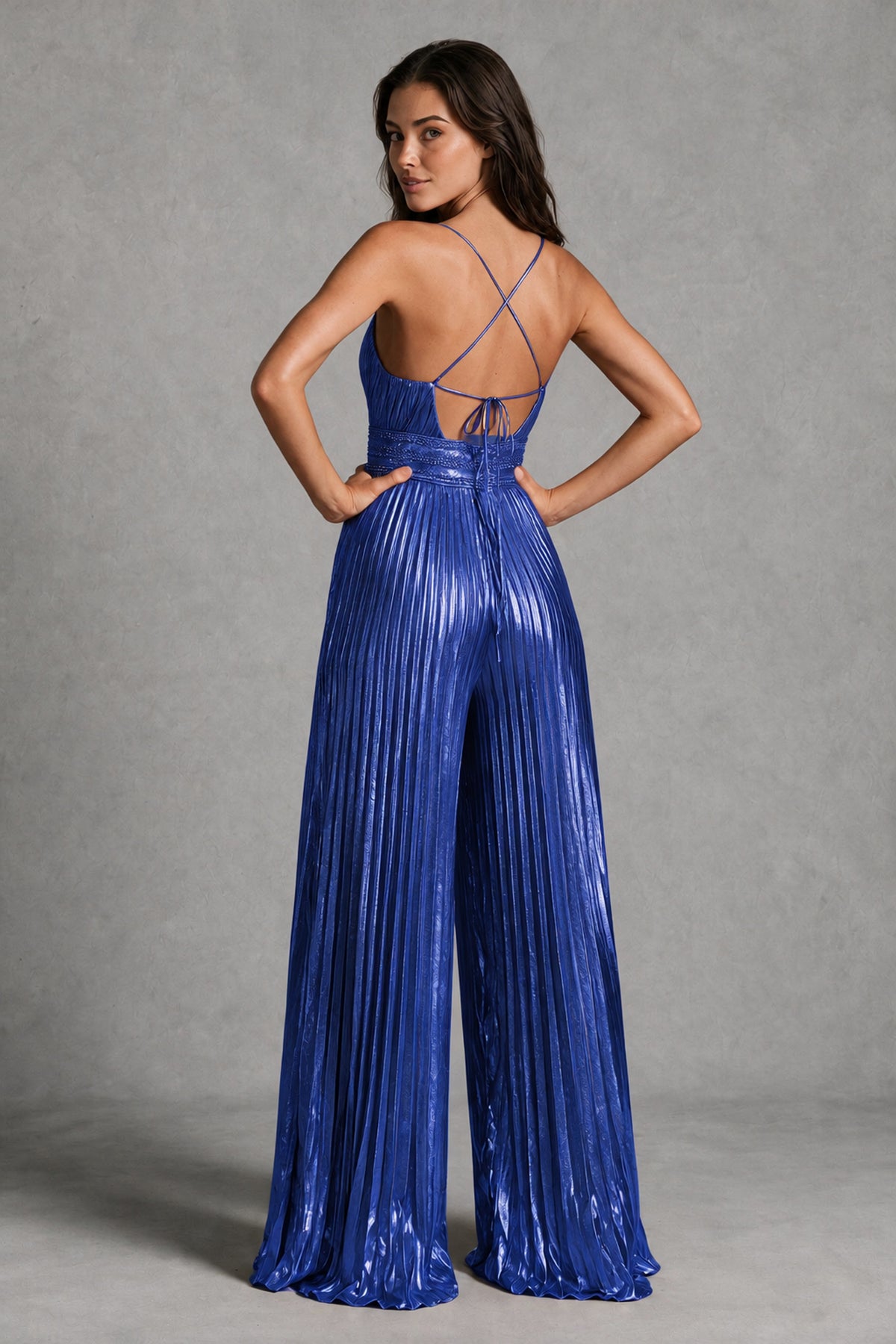 BOLODOO Royal Blue Pleated Wide-Leg Jumpsuit with Open Back - Royal Blue