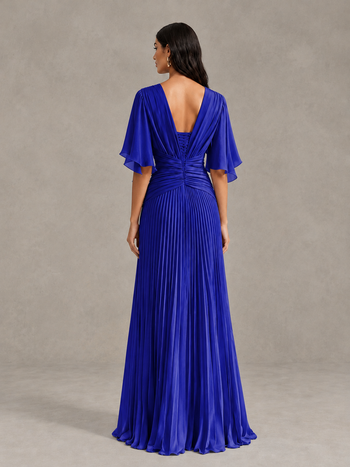 BOLODOO Royal Blue Pleated V-Neck Flutter Sleeve Bridesmaid Dress - Royal Blue - Royal Blue (2)
