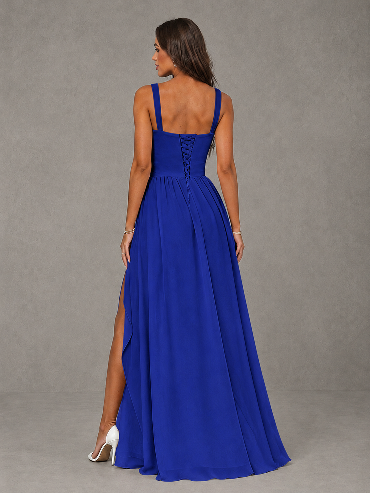 BOLODOO Royal Blue A-Line Bridesmaid Dress with High Slit & Lace-Up Back - Royal Blue - Royal Blue (2)