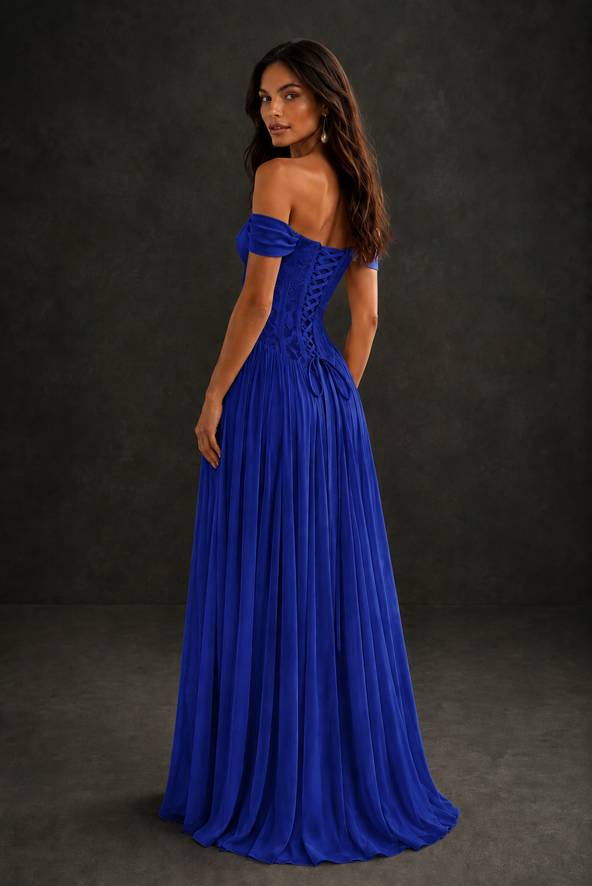 BOLODOO Royal Blue Off-Shoulder Lace Corset Tulle Maxi Dress - Royal Blue