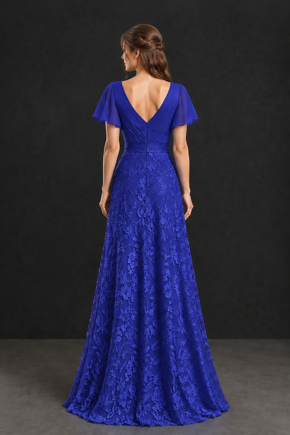 BOLODOO Royal Blue Flutter Sleeve Lace Mother of the Bride Dress - Royal Blue