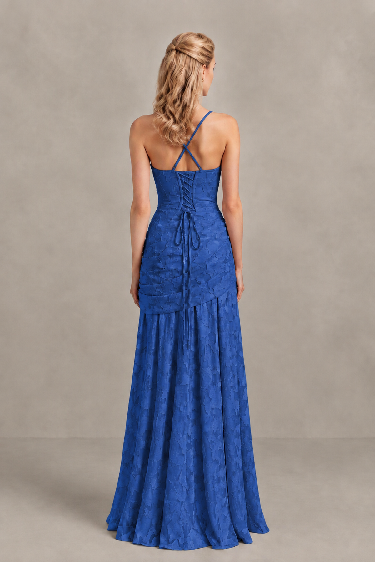 BOLODOO Royal Blue Ruched Floral Maxi Dress with Lace-Up Back - Royal Blue