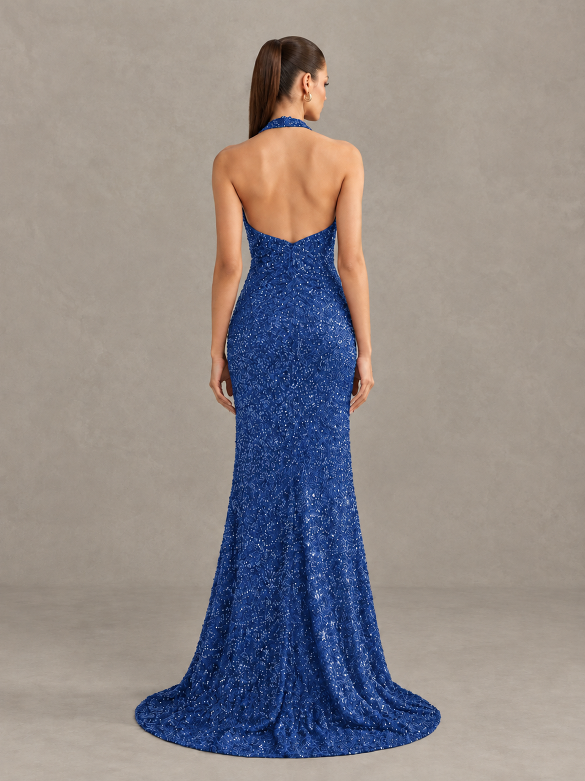 BOLODOO Royal Blue Sequin Halter Open Back Evening Gown with High Slit - Royal Blue - Royal Blue (2)