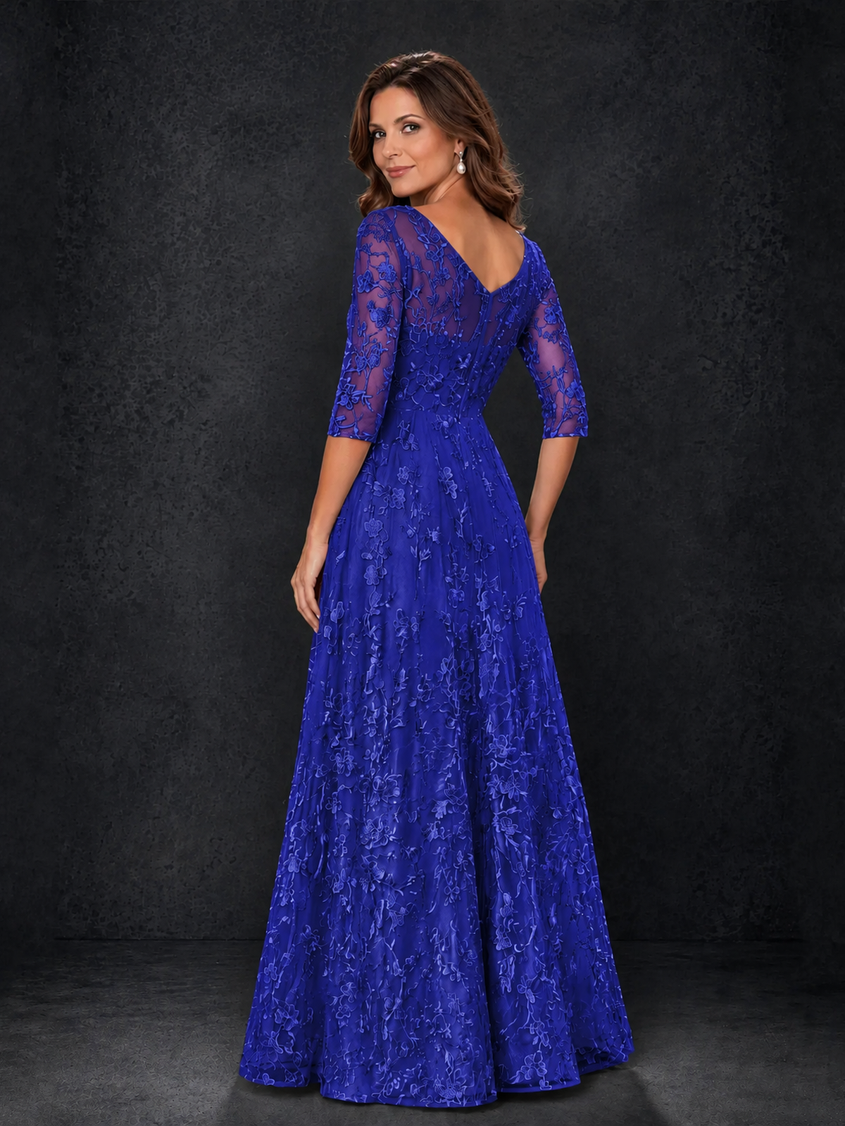 BOLODOO Royal Blue Illusion Bateau Neck 3/4 Sleeve Floral Lace A-Line Mother of the Bride Dress MX007 - Royal Blue