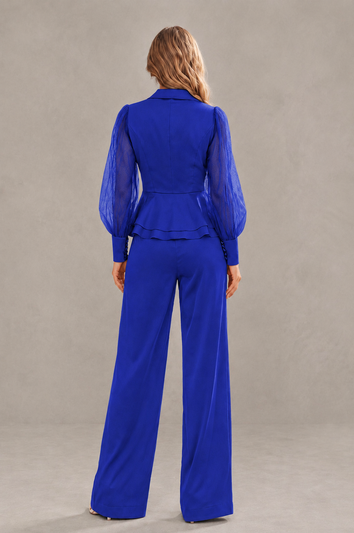 BOLODOO Mint Royal Blue Peplum Blazer Wide-Leg Pantsuit with Sheer Puff Sleeves - Royal Blue