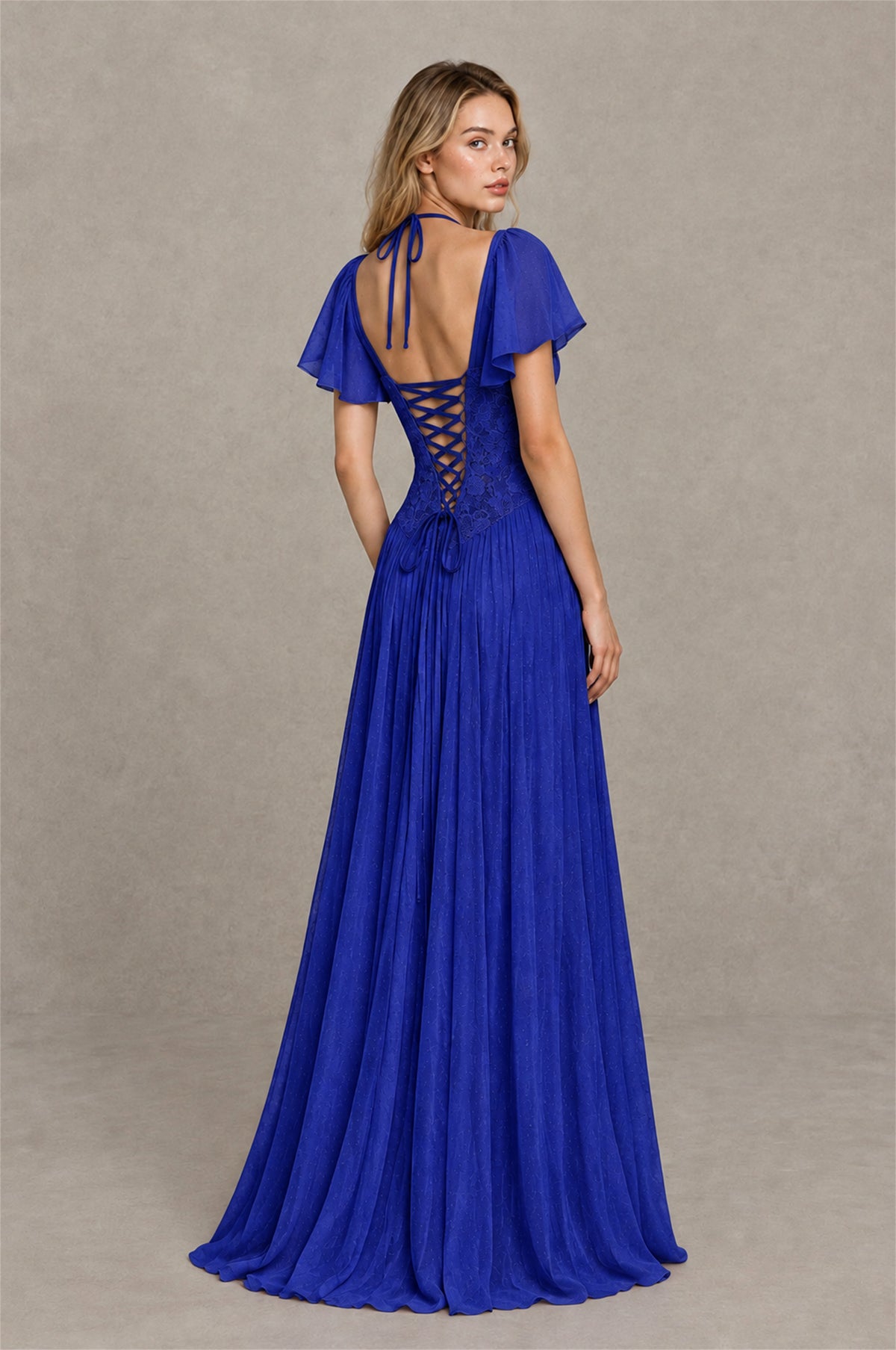 BOLODOO Royal Blue Flutter Sleeve Lace Corset A-Line Maxi Dress - Royal Blue - Royal Blue (2)