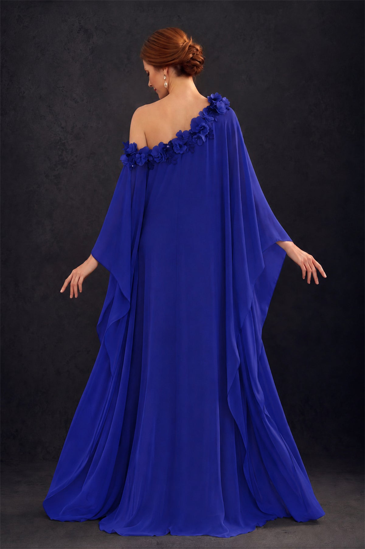 BOLODOO Royal Blue 2-Piece Set: Off-Shoulder 3D Floral Cape Gown & One-Shoulder Wide-Leg Jumpsuit | BD0373 - Royal Blue