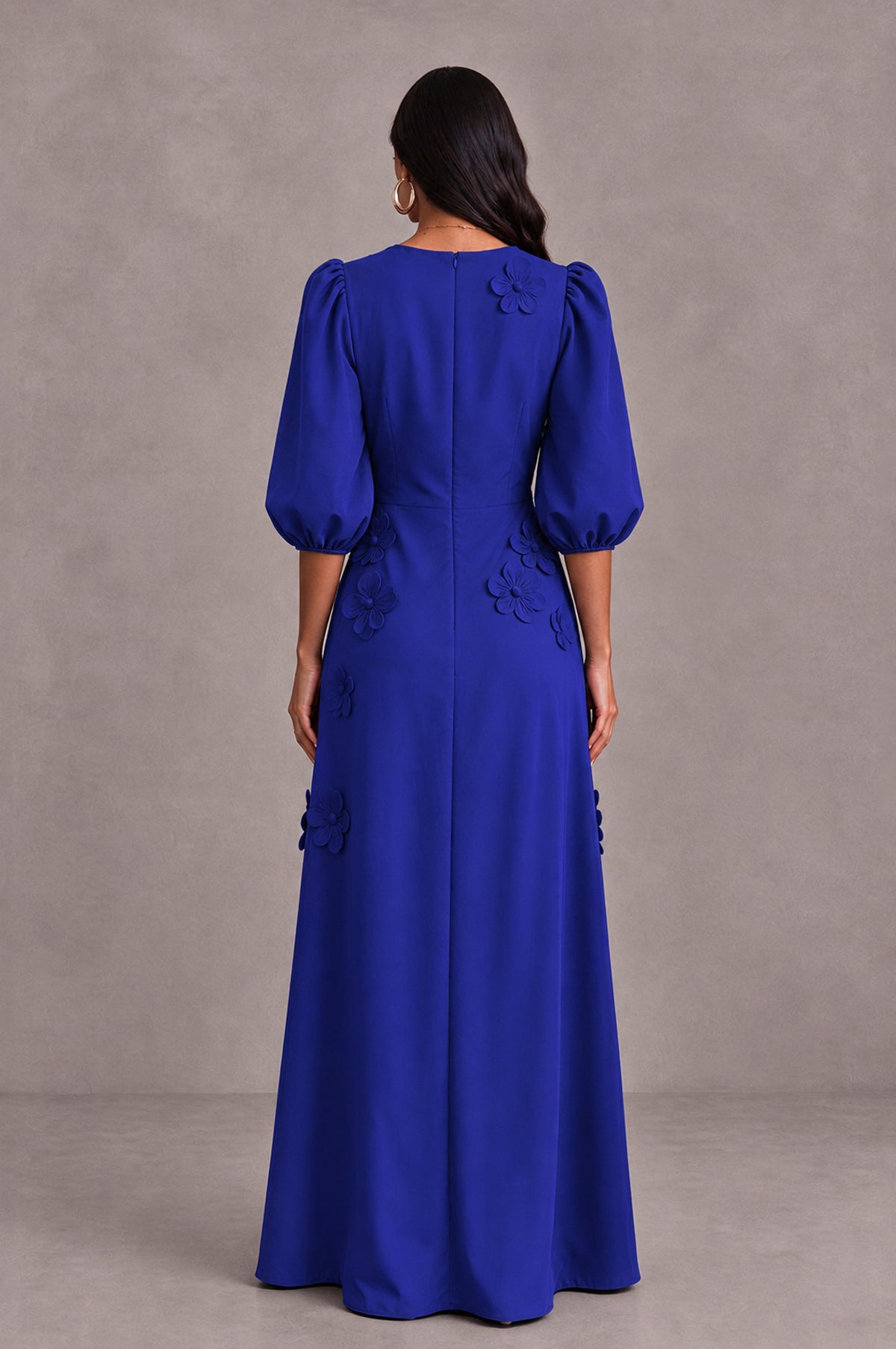 BOLODOO Royal Blue Floral Applique Puff Sleeve A-Line Evening Dress - Royal Blue - Royal Blue (2)