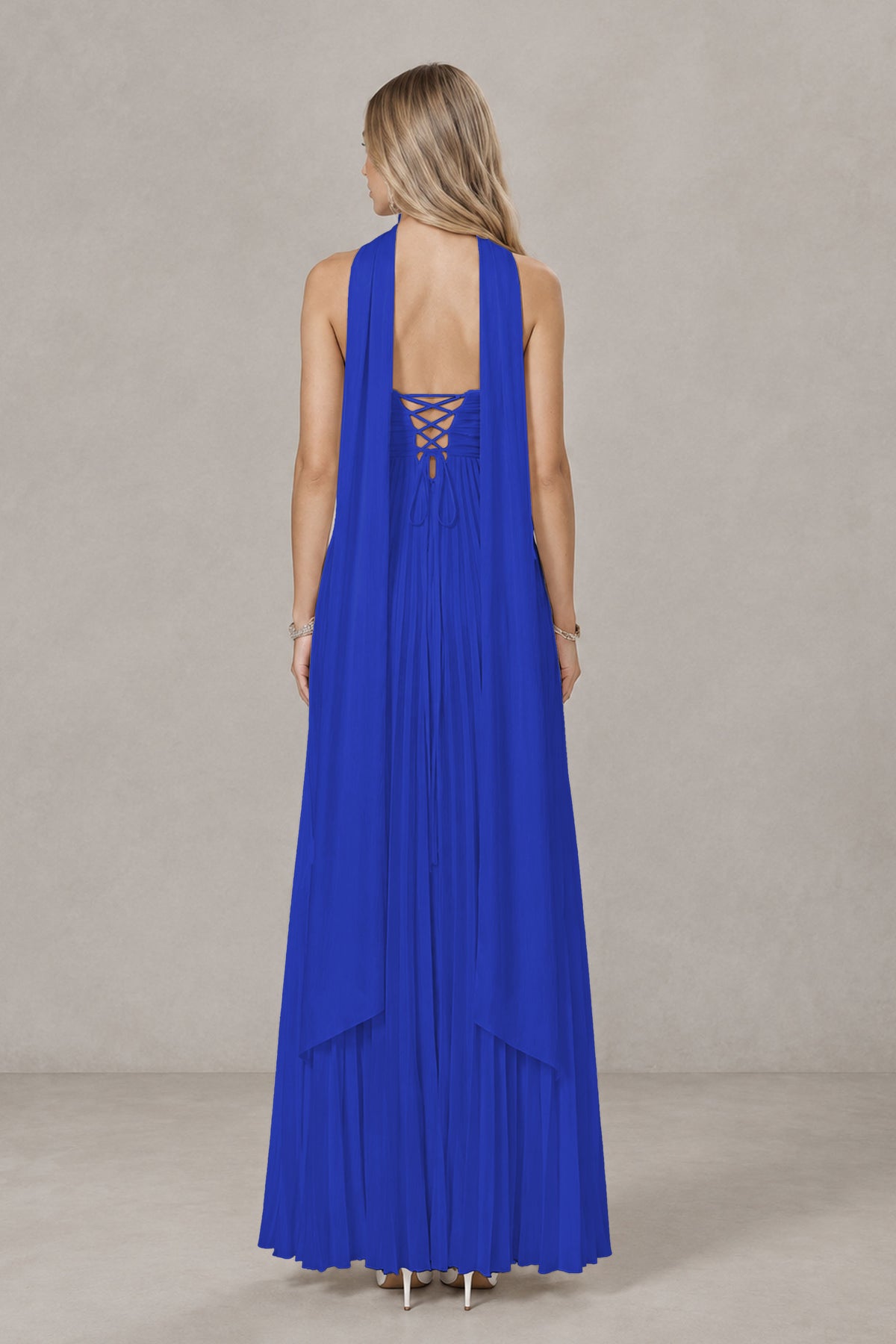 BOLODOO Royal Blue Strapless Chiffon-Look Maxi Dress with Lace-Up Back & Cape - Royal Blue
