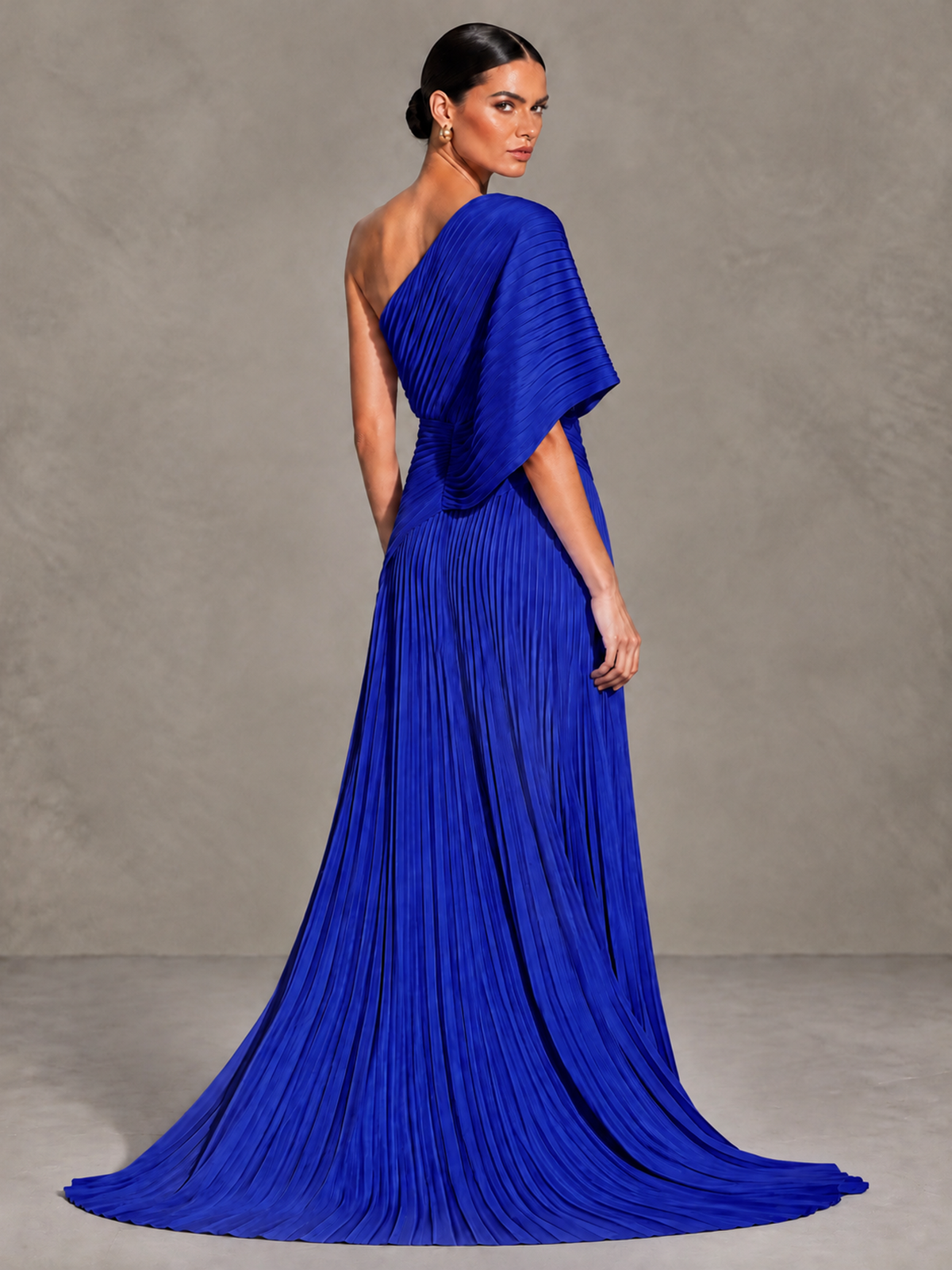 BOLODOO Royal Blue One-Shoulder Pleated Cape Evening Gown with Train - Royal Blue - Royal Blue (2)