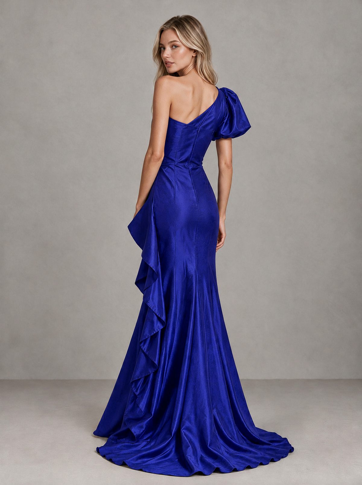 BOLODOO Royal Blue One-Shoulder Satin-Look Mermaid Evening Dress with Ruffles - Royal Blue - Royal Blue (2)