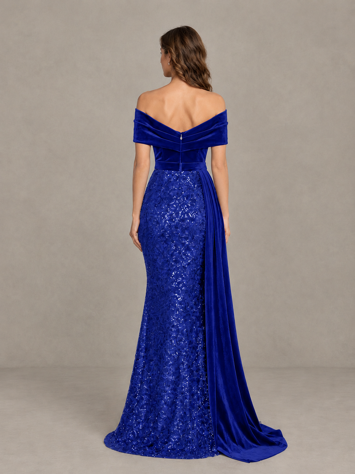 BOLODOO Royal Blue Off-Shoulder Velvet & Sequin Evening Gown with Side Train - Royal Blue - Royal Blue (2)