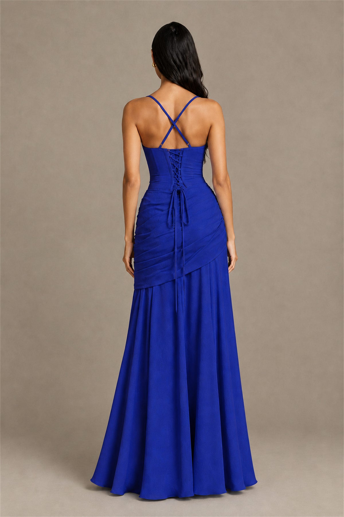 BOLODOO Square Neck Ruched A-Line Maxi Dress - Royal Blue Backless Evening Gown - Royal Blue