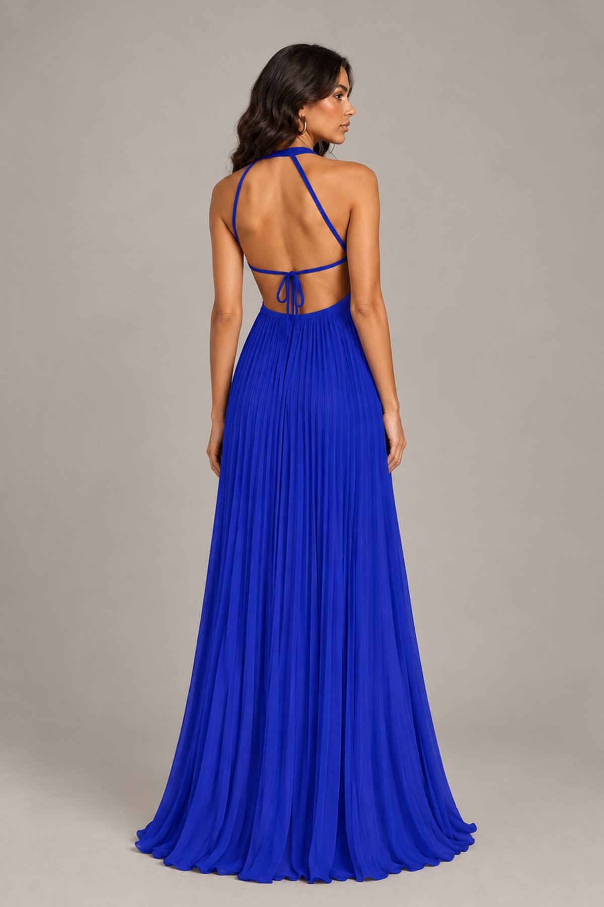 BOLODOO Royal Blue Halter Neck Pleated Chiffon Maxi Dress with Side Slit - Royal Blue