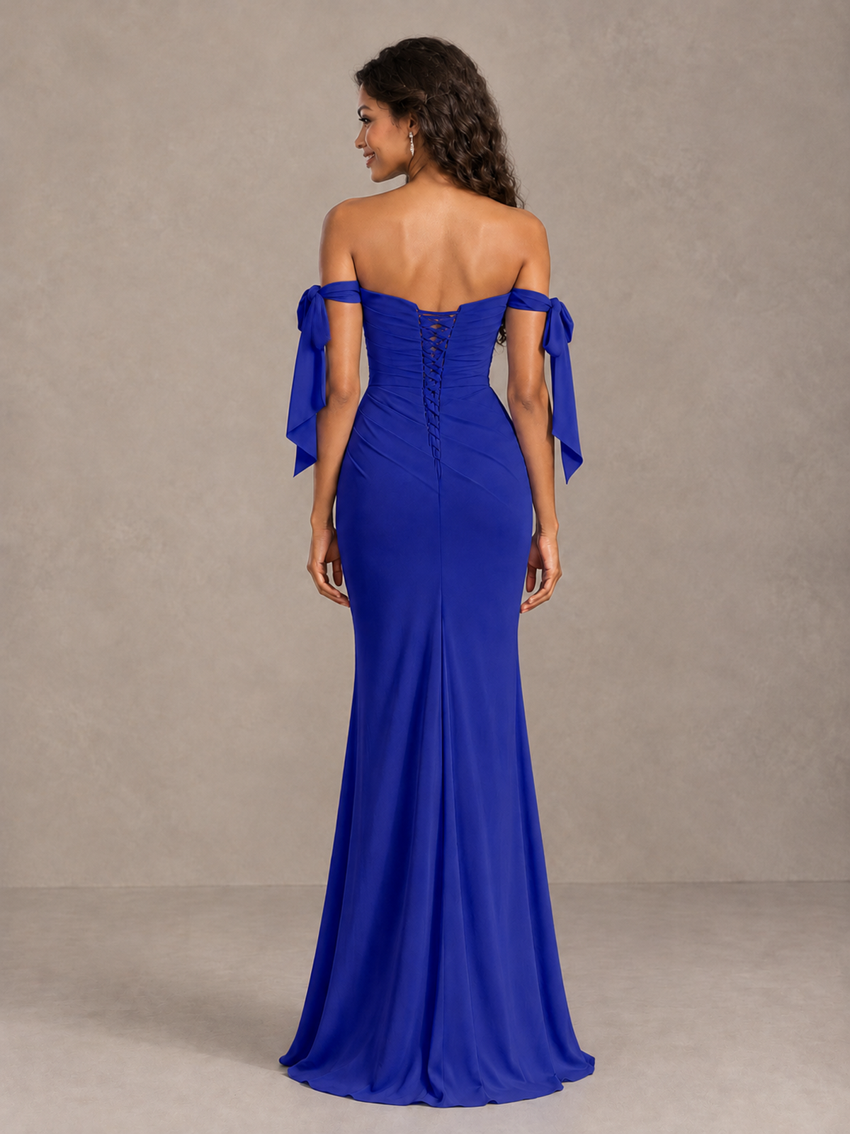 Royal Blue Off-Shoulder Bow Bridesmaid Dress with Slit - Royal Blue - Royal Blue (2)