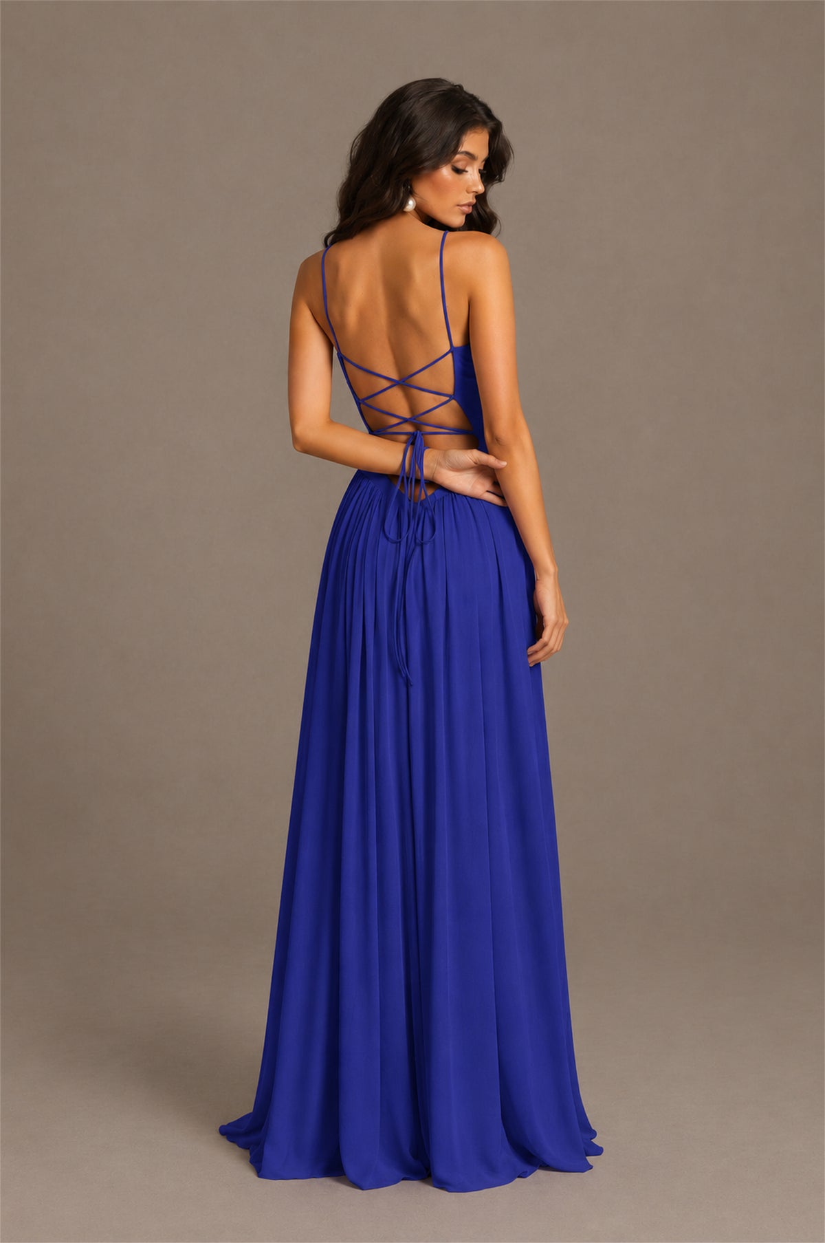 BOLODOO Royal Blue Spaghetti Strap Square Neck Ruched Chiffon Maxi Dress with Lace-Up Back - Royal Blue