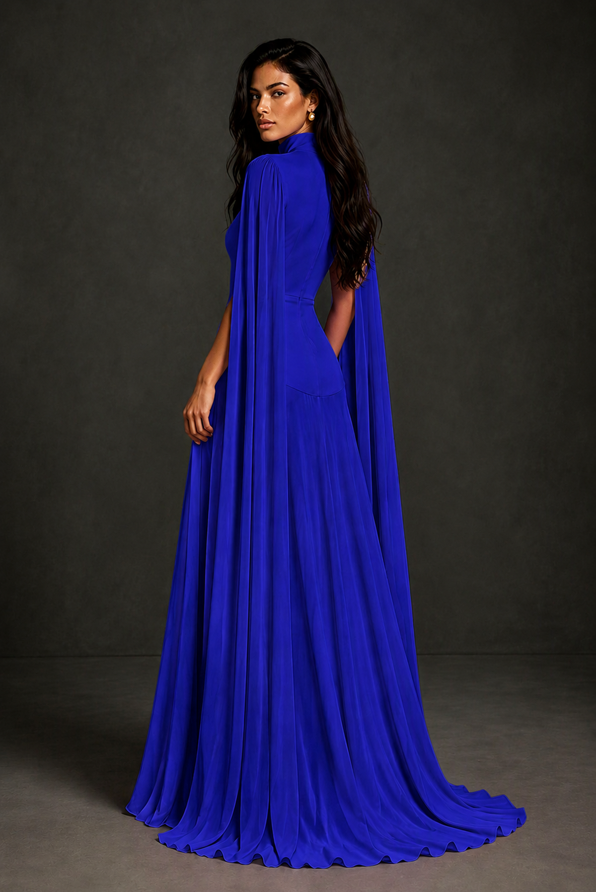 BOLODOO Royal Blue Mock Neck Cape Sleeve A-Line Chiffon Maxi Dress - Royal Blue
