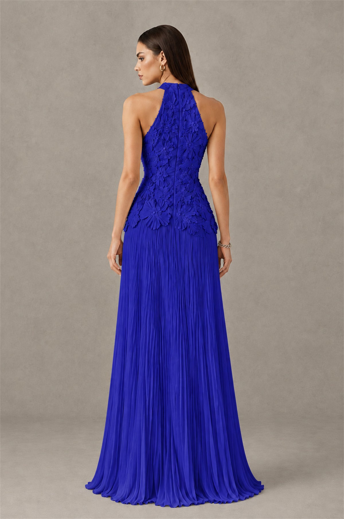BOLODOO Royal Blue 3D Floral Applique Halter Neck Open Back Pleated Maxi Dress - Royal Blue