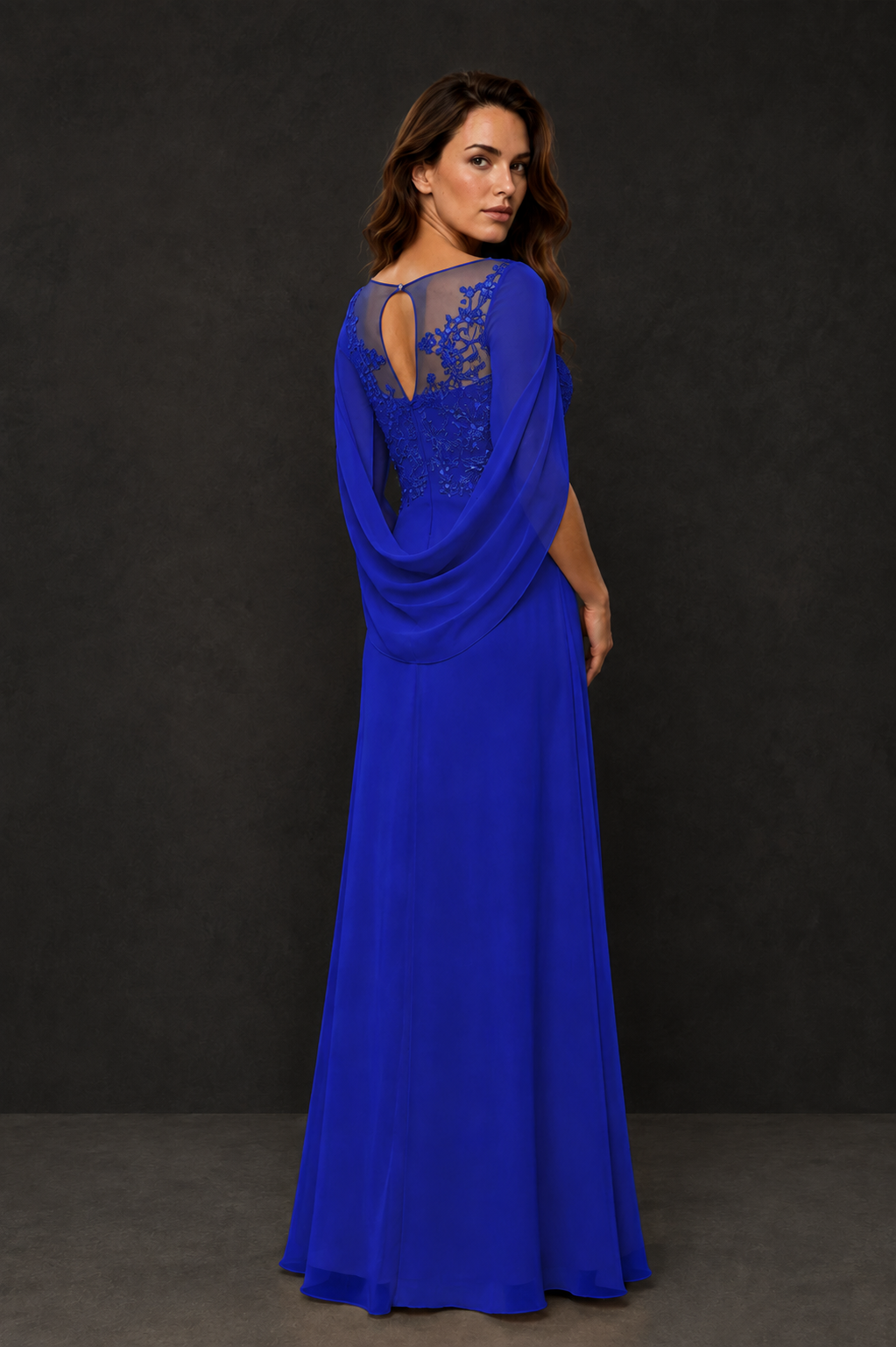 BOLODOO Royal Blue Illusion Lace One-Side Cape Sleeve Beaded Chiffon Floor Length Gown | Mother of the Bride Evening Dress - Royal Blue