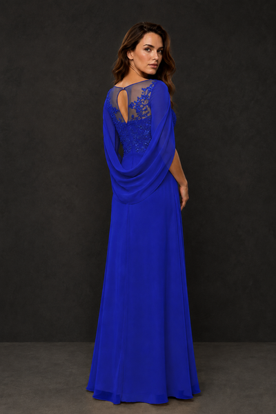 BOLODOO Royal Blue Illusion Lace One-Side Cape Sleeve Beaded Chiffon Floor Length Gown | Mother of the Bride Evening Dress - Royal Blue