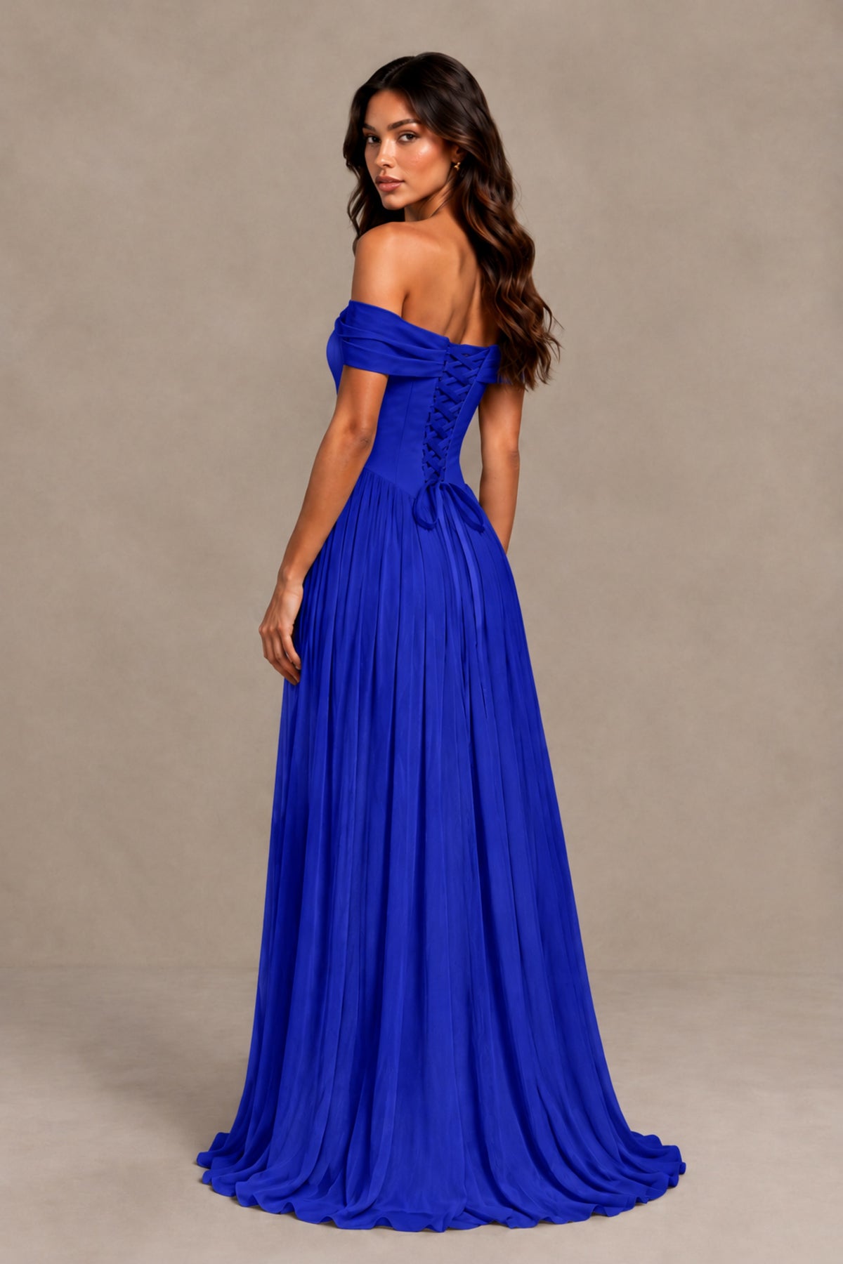 BOLODOO Royal Blue Off-Shoulder Sweetheart Corset Pleated Chiffon Maxi Dress - Royal Blue - Royal Blue (2)
