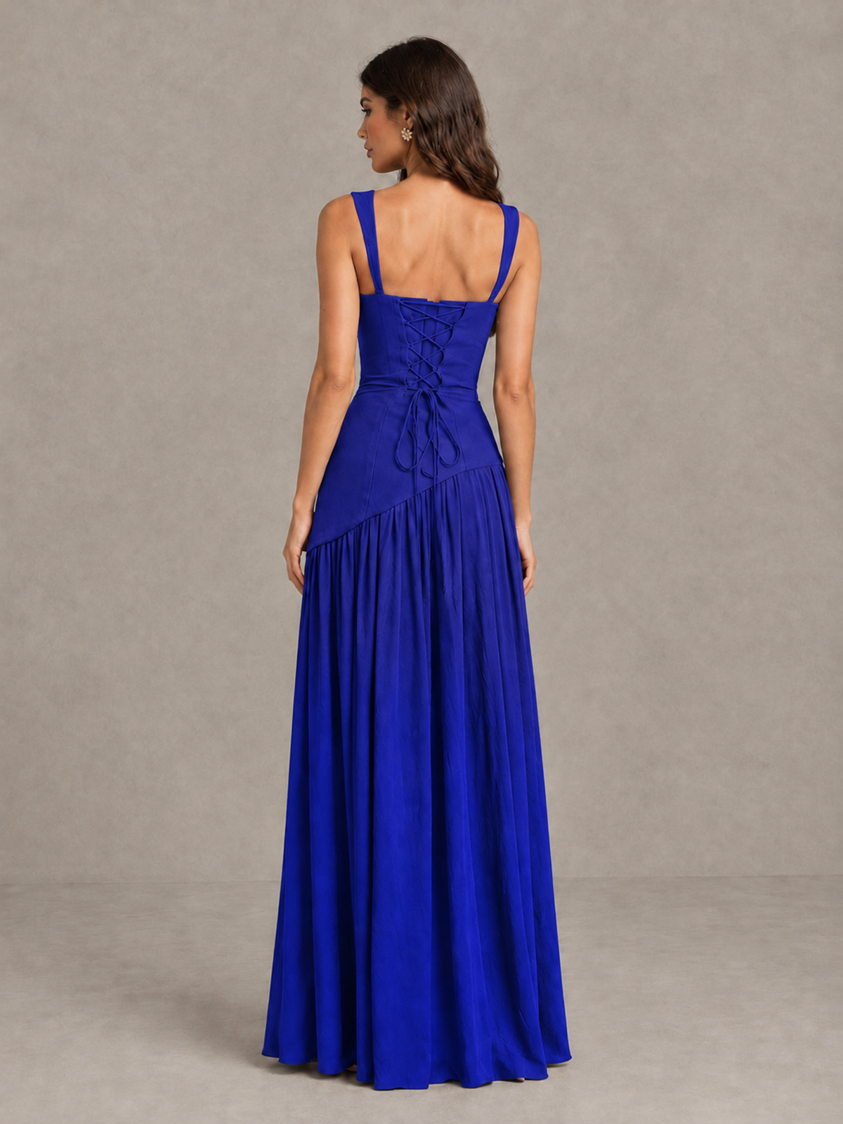 BOLODOO Royal Blue Brown Scarf Bridesmaid Dress with Lace-Up Back - Royal Blue - Royal Blue (2)