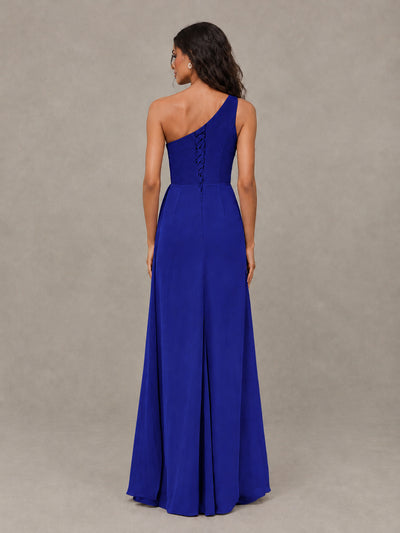 BOLODOO Royal Blue One-Shoulder Chiffon Bridesmaid Dress with Ruched Bodice & High Slit - Royal Blue - Royal Blue (2)