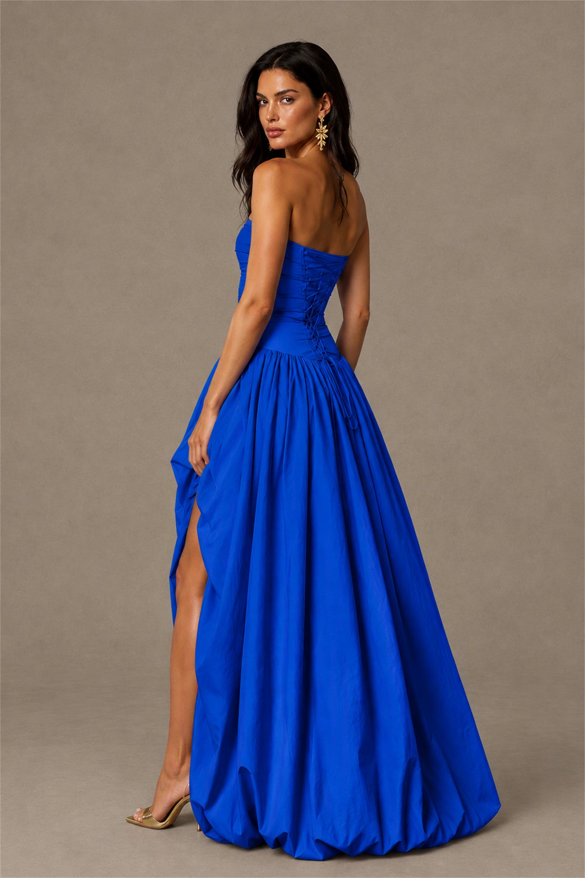 BOLODOO Royal Blue Strapless Ruched Corset Lace-Up Back Bubble Skirt High Slit Taffeta Maxi Dress - Royal Blue