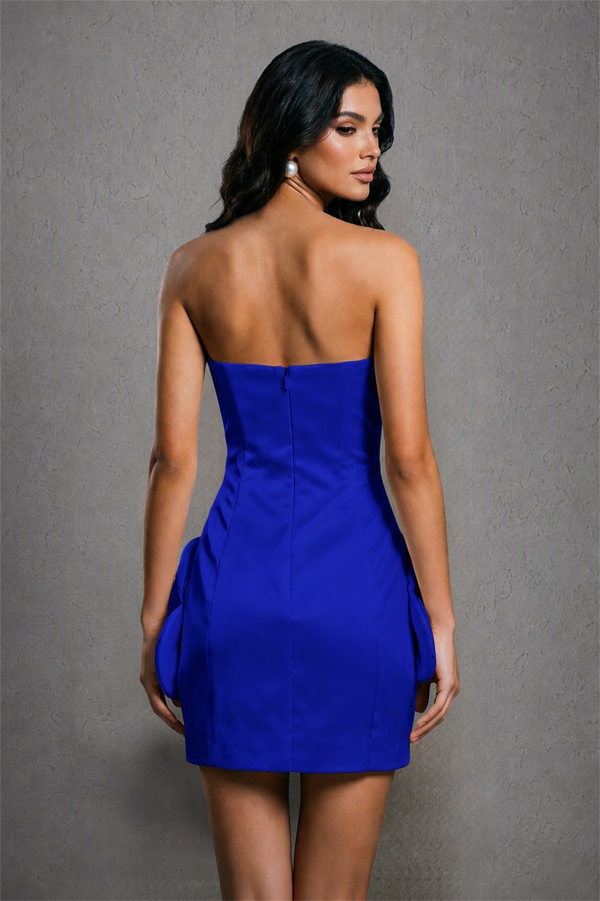 BOLODOO Royal Blue 3D Floral Satin Strapless Mini Wedding Dress - Royal Blue