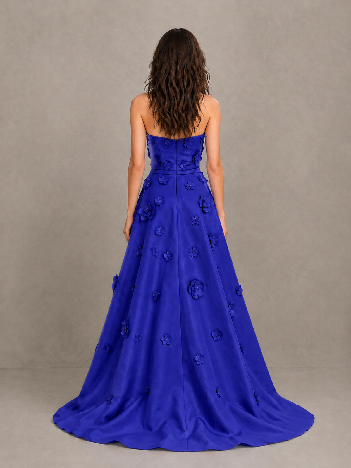 BOLODOO Royal Blue Strapless 3D Floral Applique Prom Gown with Draped Skirt - Royal Blue - Royal Blue (2)