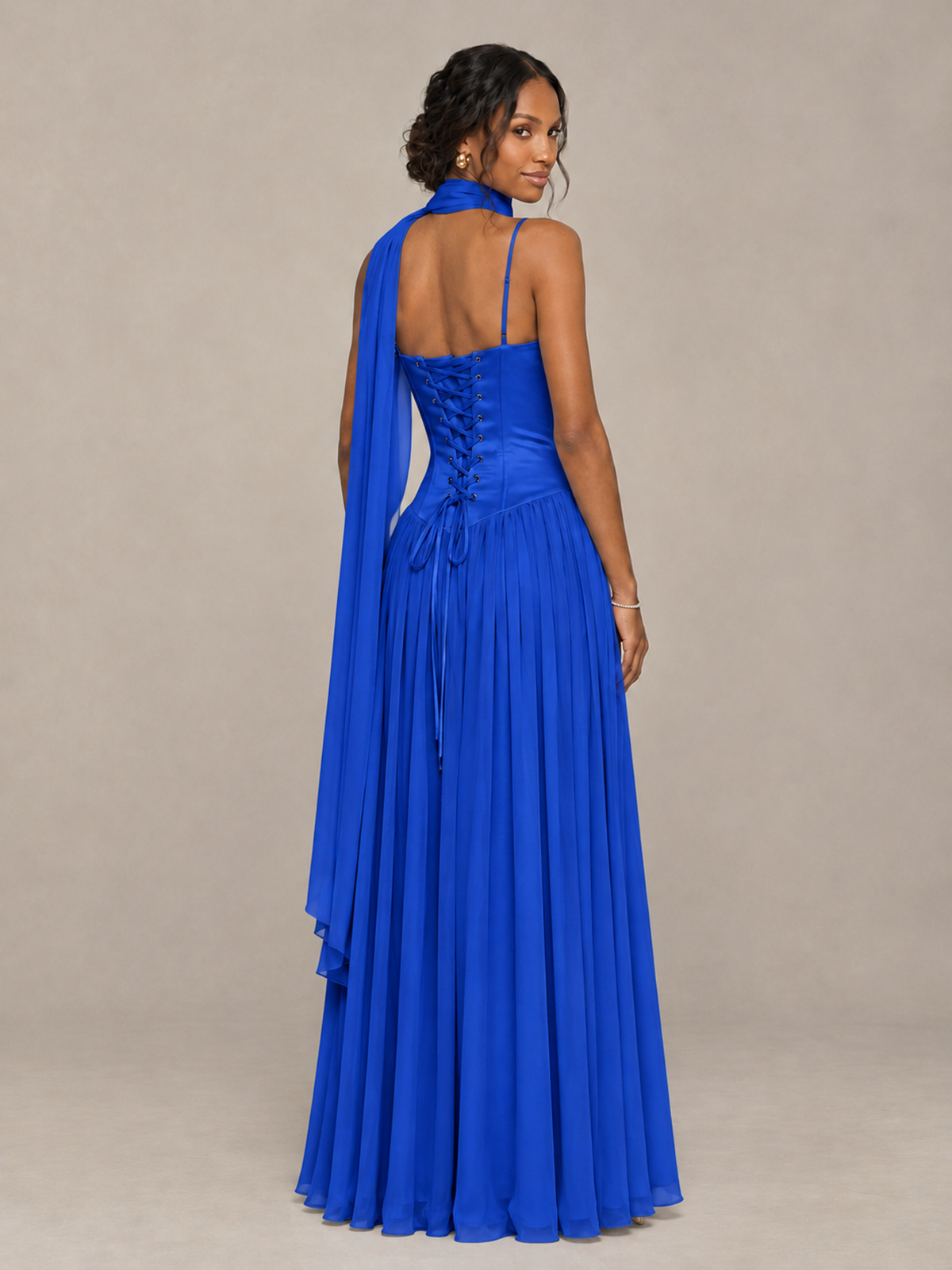 BOLODOO Royal Blue Corset Bridesmaid Dress with Scarf - Royal Blue - Royal Blue (2)