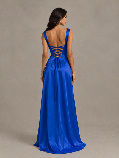 BOLODOO Royal Blue Satin Lace-Up Bridesmaid Dress with Slit - Royal Blue - Royal Blue (2)