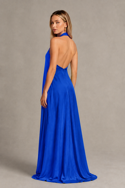BOLODOO Royal Blue Backless Halter Satin Bridesmaid Dress - Royal Blue