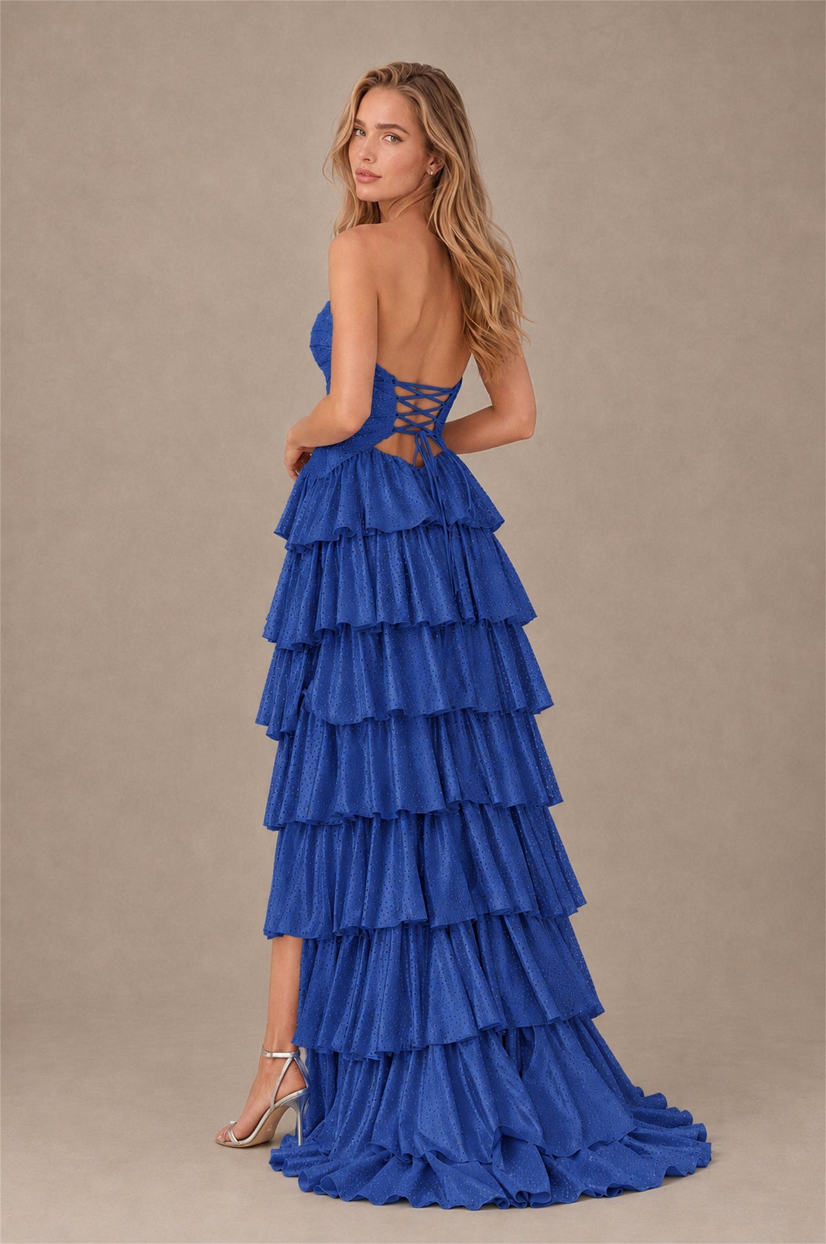 BOLODOO Royal Blue Strapless Cutout Tiered Ruffle Prom Dress with High Slit - Royal Blue - Royal Blue (2)