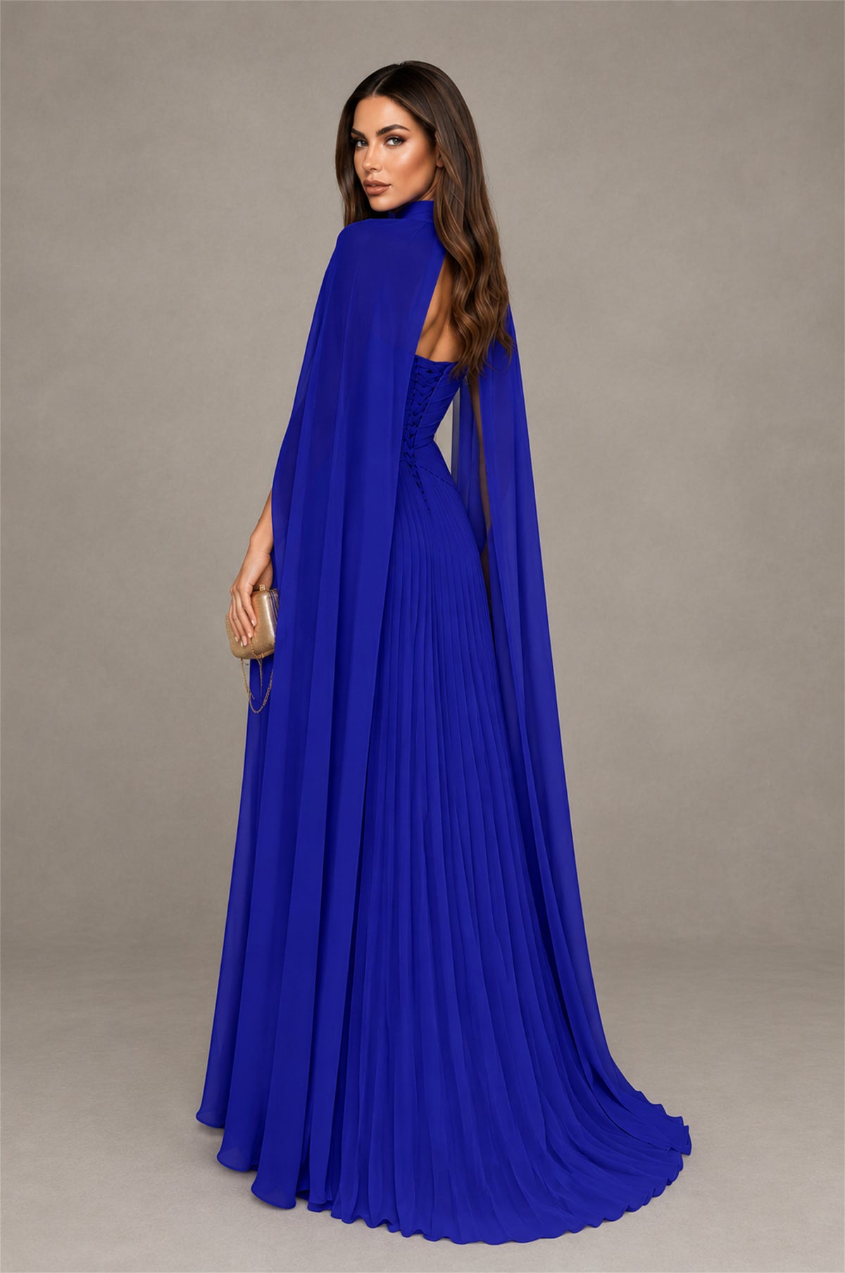 BOLODOO Royal Blue Strapless Crossover Ruched Bodice Detached Turtleneck Cape Lace-Up Back Pleated Chiffon Maxi Dress - Royal Blue