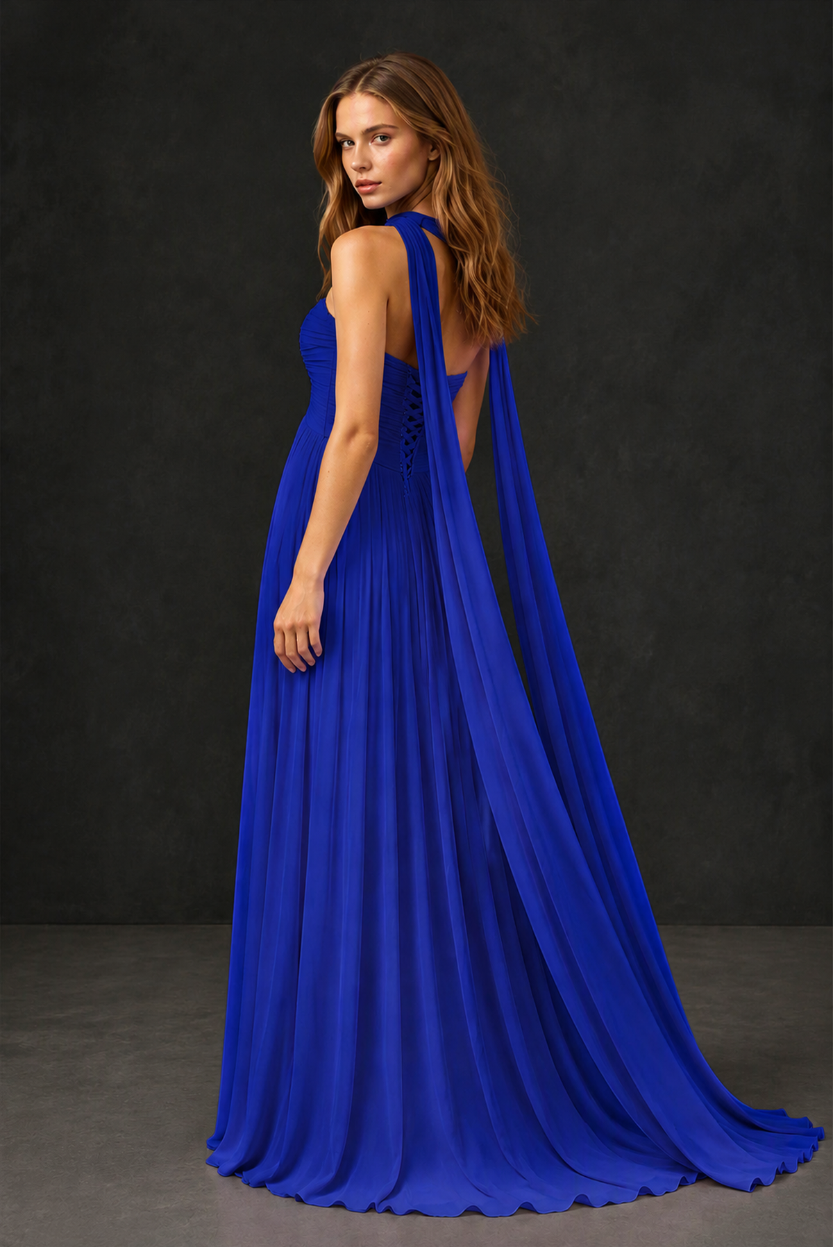 BOLODOO Royal Blue Sweetheart Strapless Twist Knot Detached Halter Scarf Lace-Up Back Empire Waist Chiffon Maxi Dress - Royal Blue
